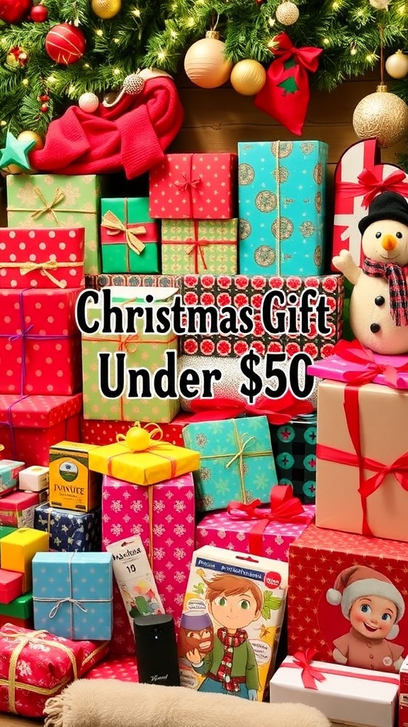 A collection of affordable Christmas gifts under $50, including wrapped presents, cozy items, and festive decorations.
